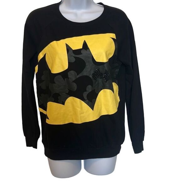 DC Batman Small Black Yellow Batman Large Logo Bejeweled Sweatshirt Crewneck - Picture 1 of 7